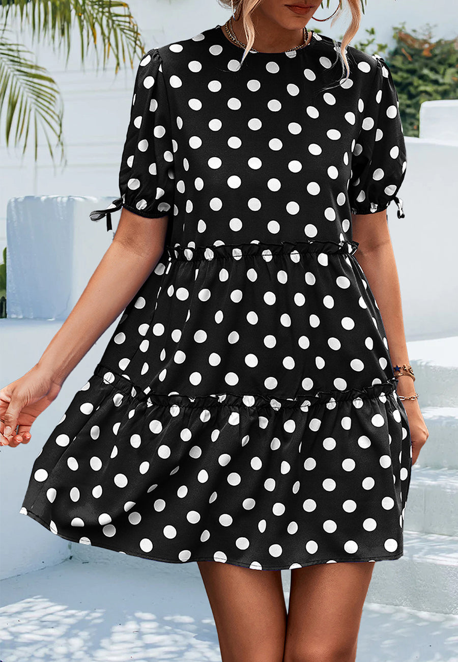 Polka-Dot Puff-Sleeve Tiered Dress