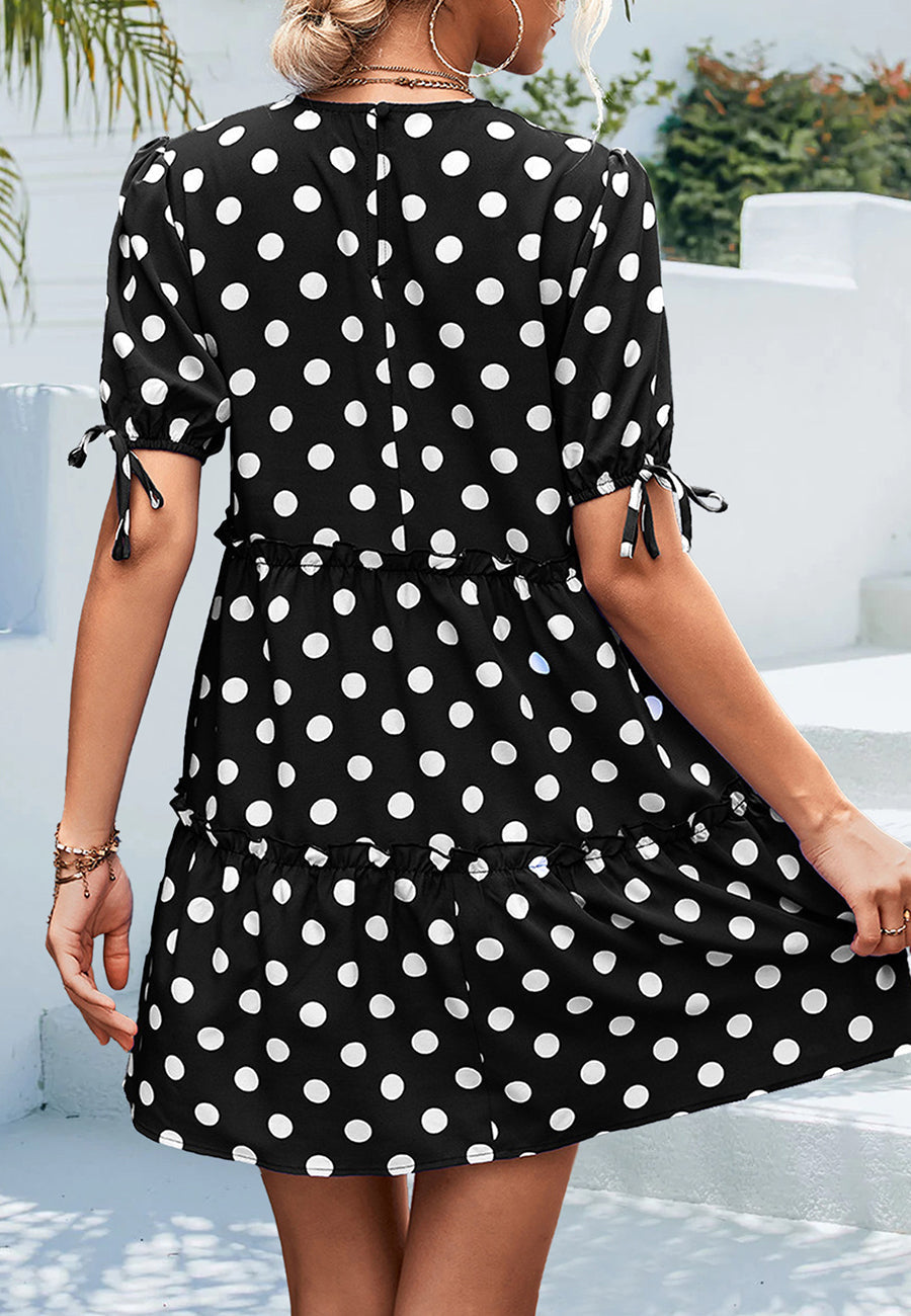 Polka-Dot Puff-Sleeve Tiered Dress
