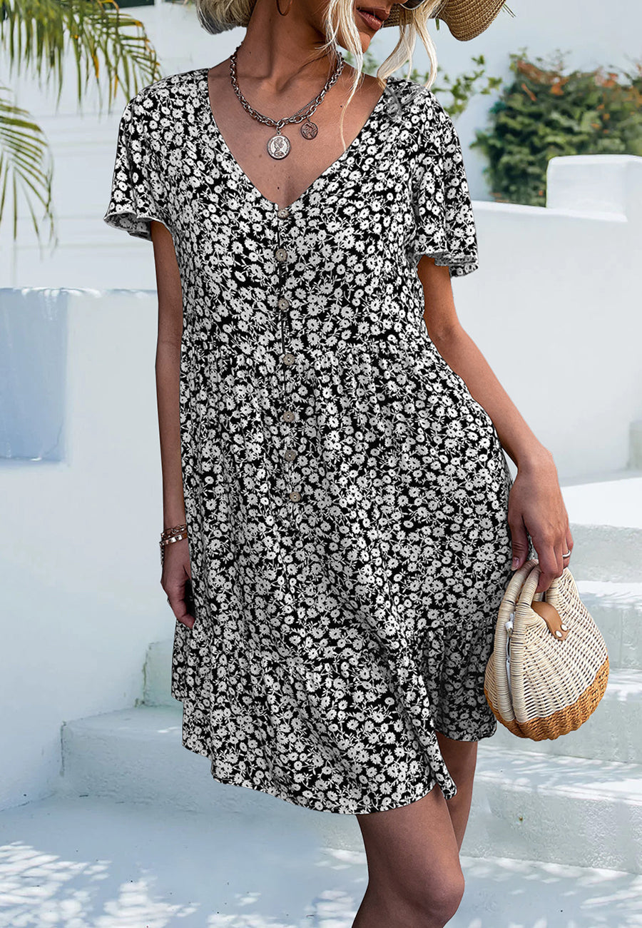 Floral V-Neck Dress with a Button Front