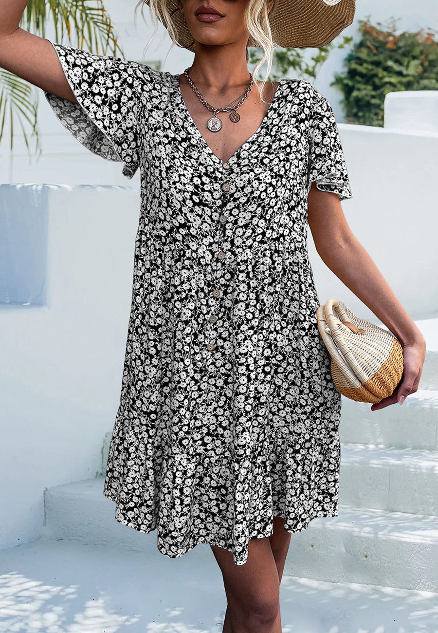 Floral V-Neck Dress with a Button Front
