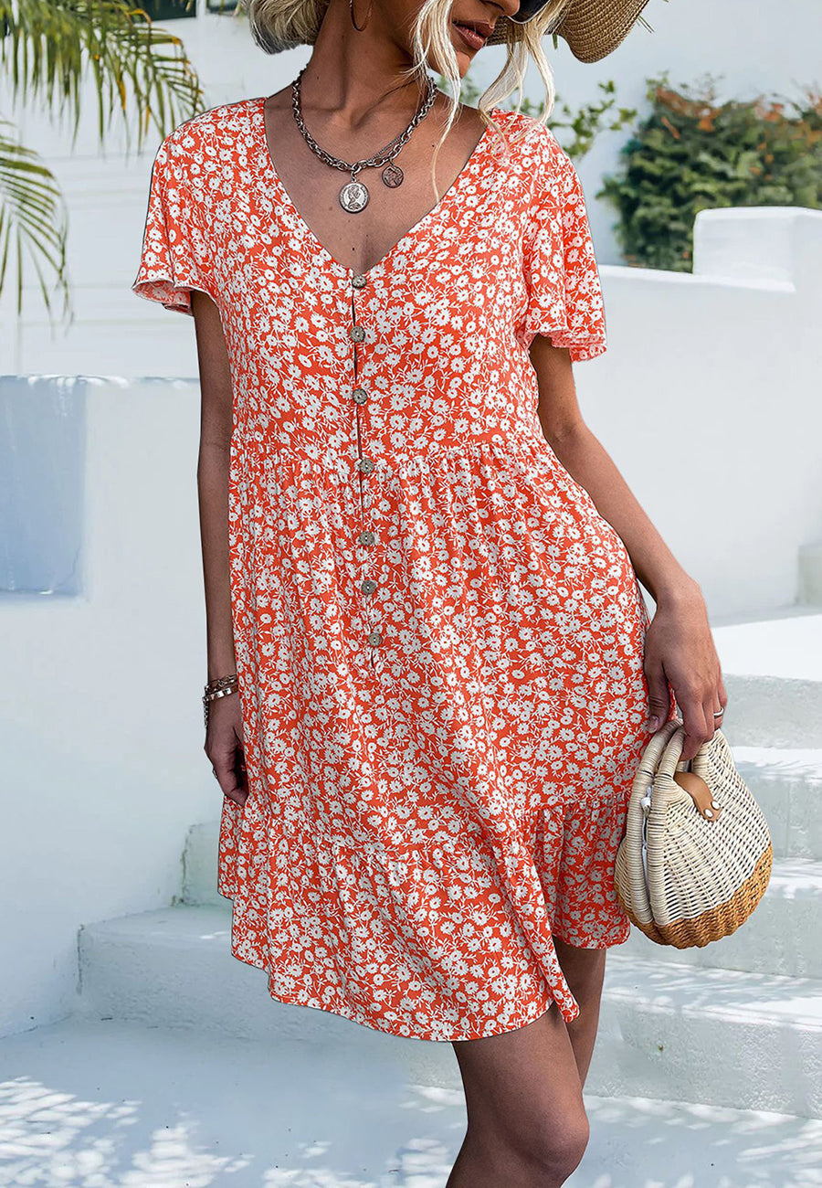 Floral V-Neck Dress with a Button Front