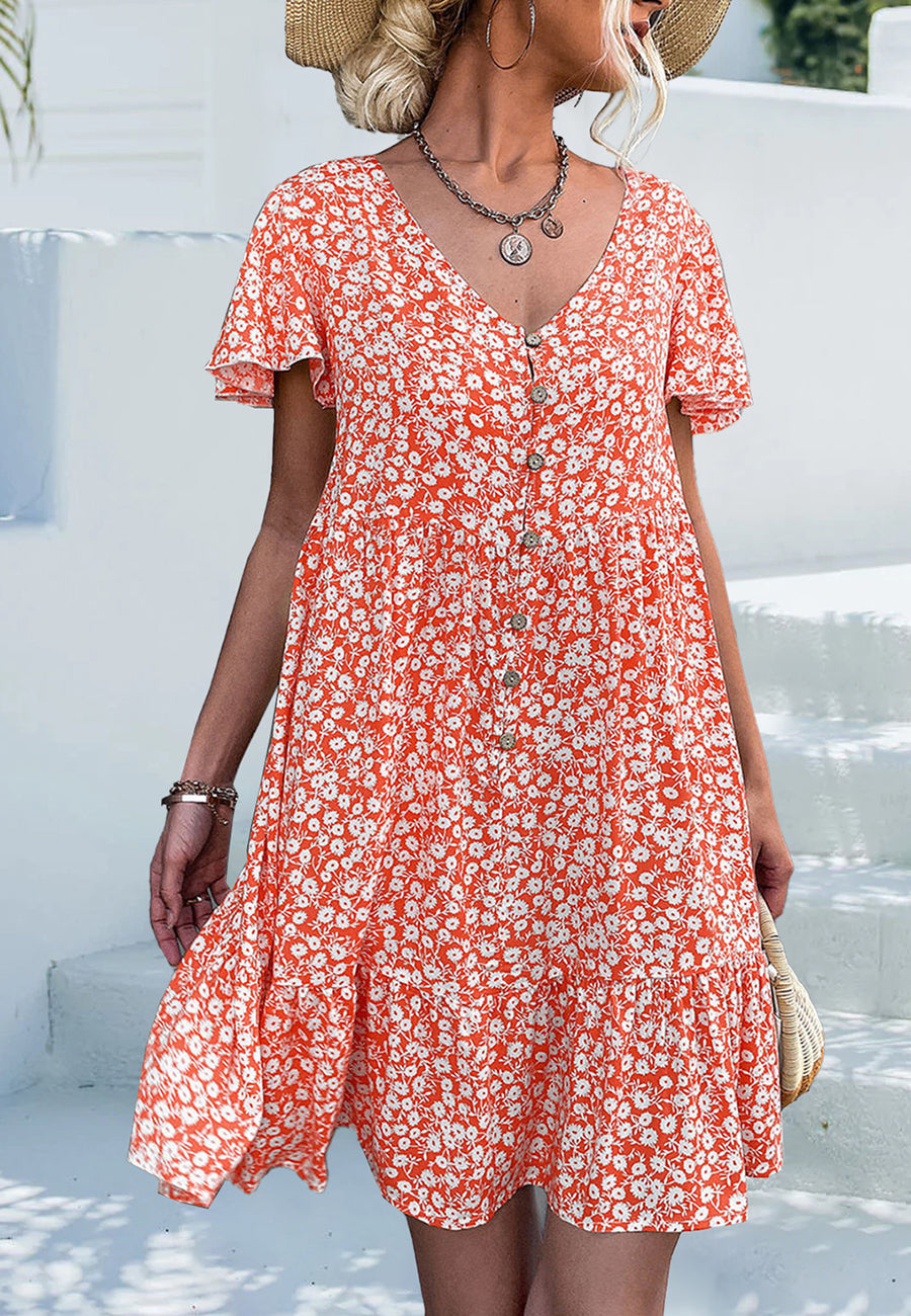 Floral V-Neck Dress with a Button Front
