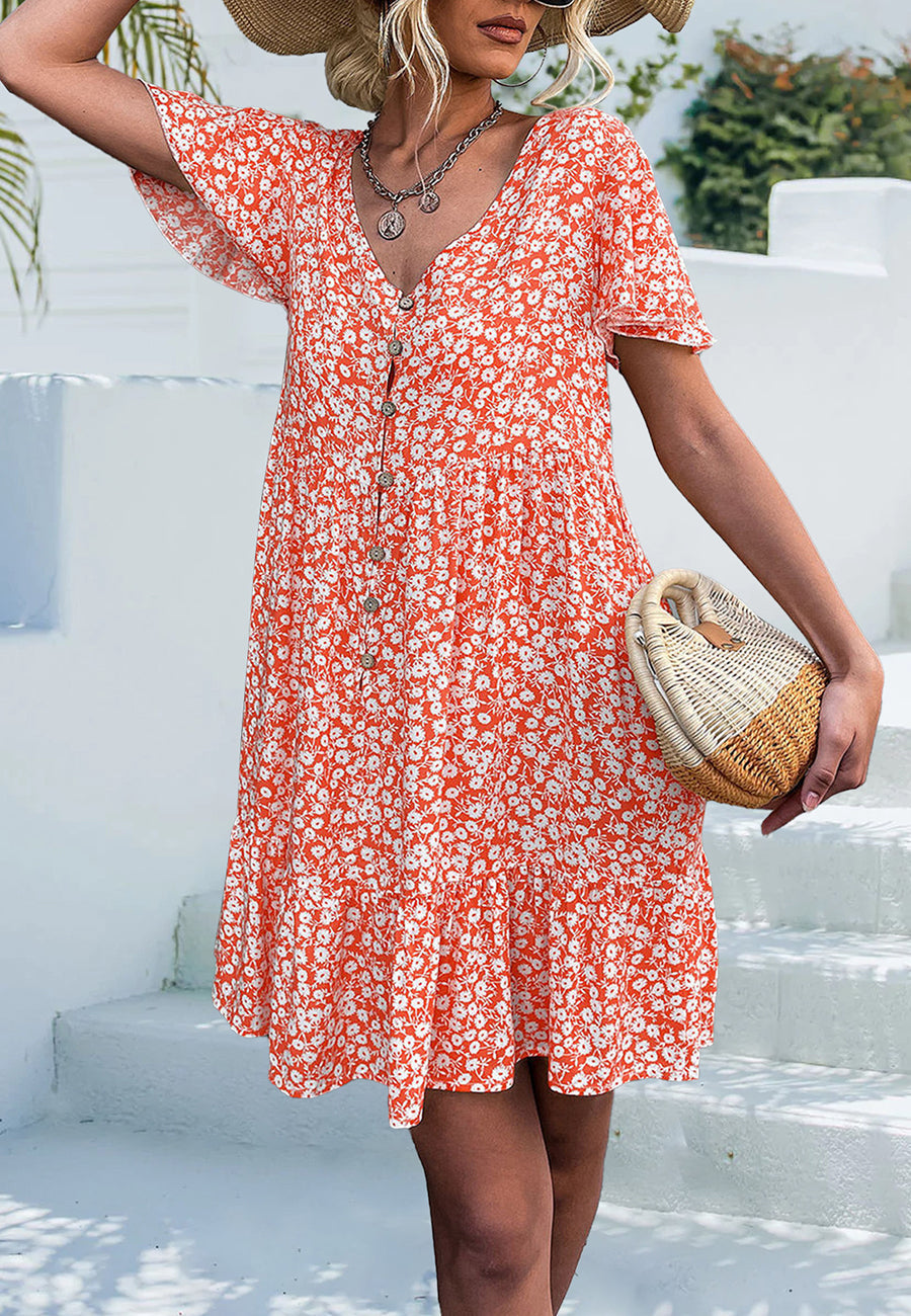 Floral V-Neck Dress with a Button Front