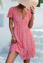 Floral V-Neck Dress with a Button Front