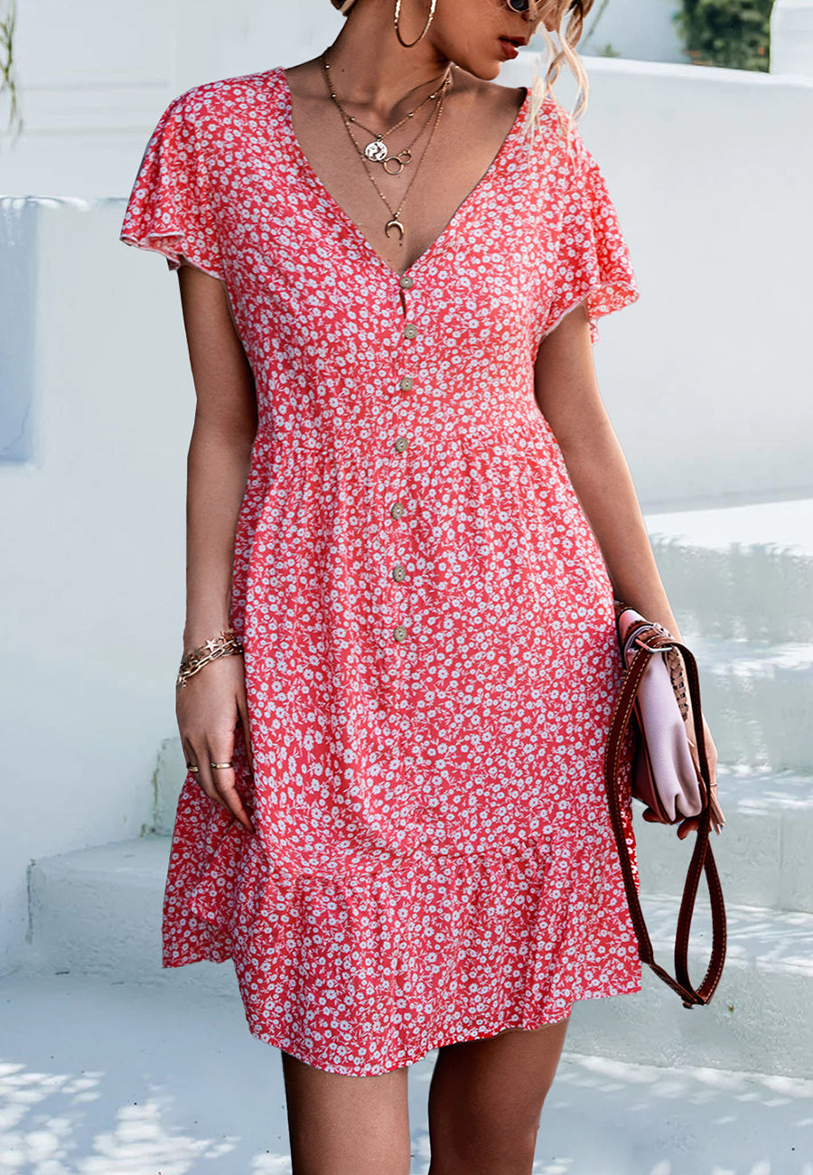 Floral V-Neck Dress with a Button Front