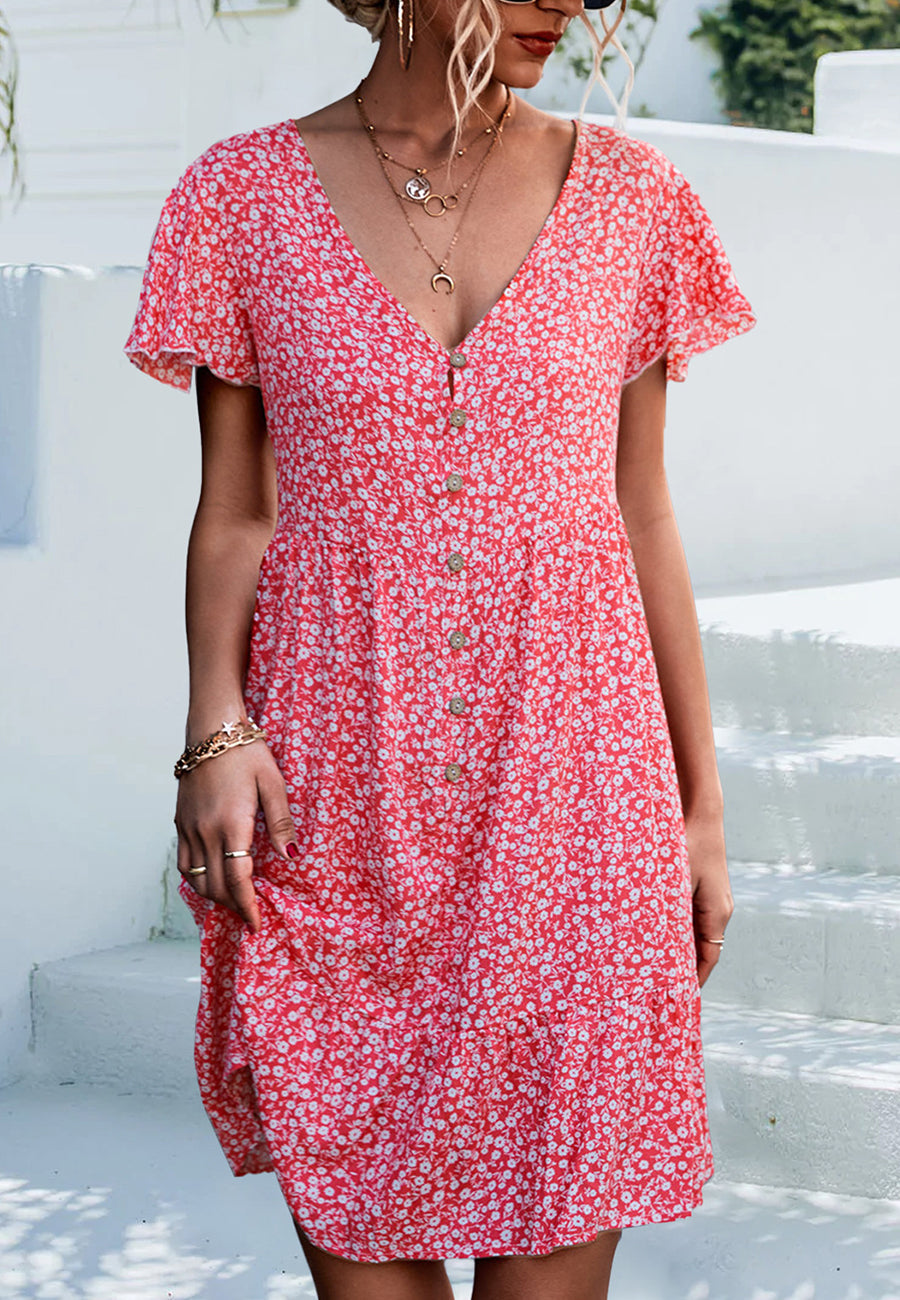 Floral V-Neck Dress with a Button Front