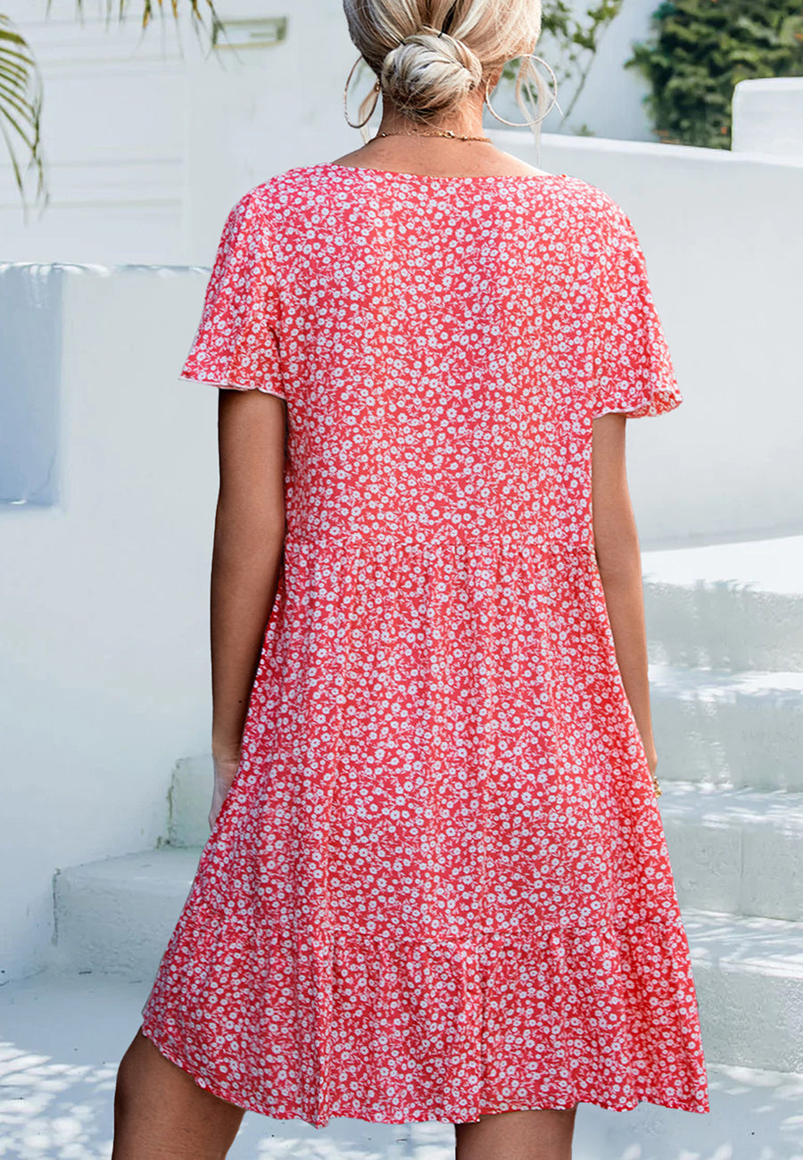 Floral V-Neck Dress with a Button Front