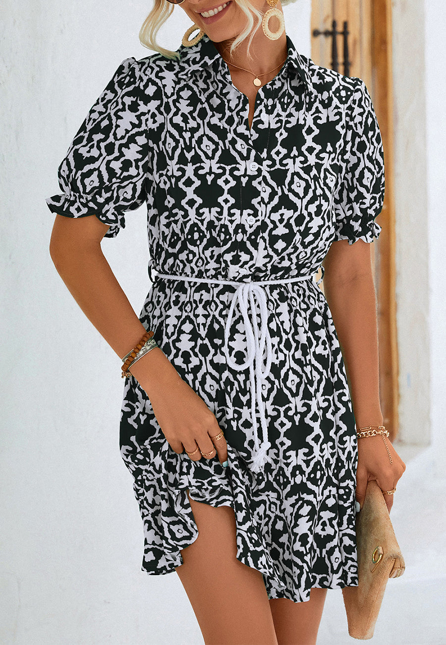 Geometric-Print Collared Dress
