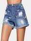 Denim Distressed Shorts with Embroidery