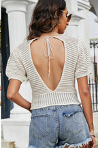 Knit Puff-Sleeve Cropped Crop Top with Cutout Details