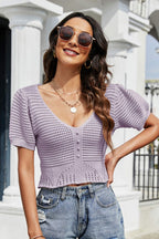 Knit Puff-Sleeve Cropped Crop Top with Cutout Details