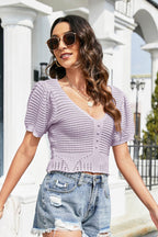 Knit Puff-Sleeve Cropped Crop Top with Cutout Details