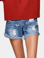 Denim Distressed Shorts with Embroidery