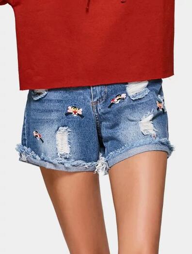 Denim Distressed Shorts with Embroidery
