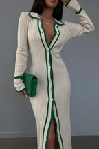 Ribbed Lapel-Collar Contrast-Detail Dress with a Single-Breasted Front