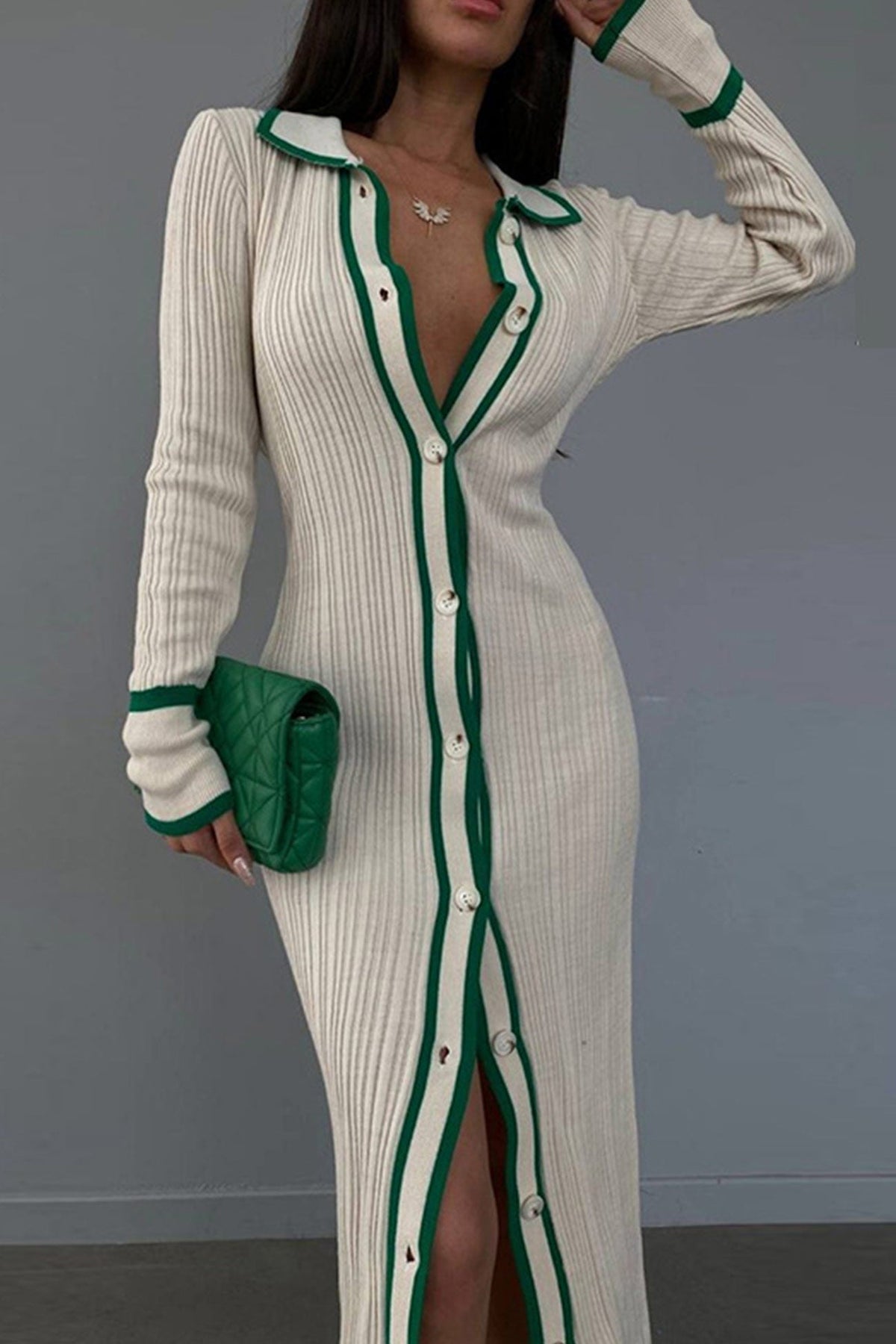 Ribbed Lapel-Collar Contrast-Detail Dress with a Single-Breasted Front