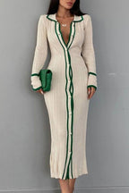 Ribbed Lapel-Collar Contrast-Detail Dress with a Single-Breasted Front