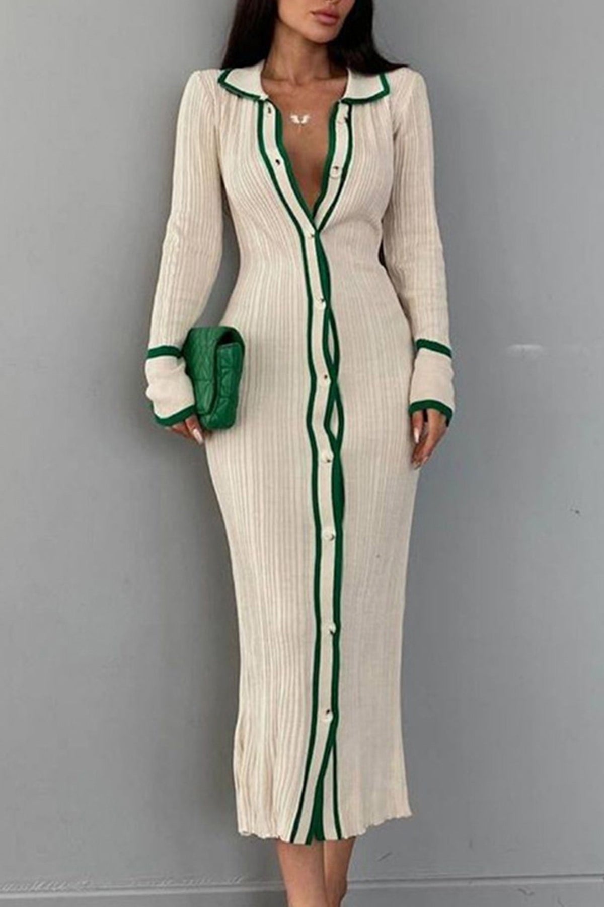 Ribbed Lapel-Collar Contrast-Detail Dress with a Single-Breasted Front