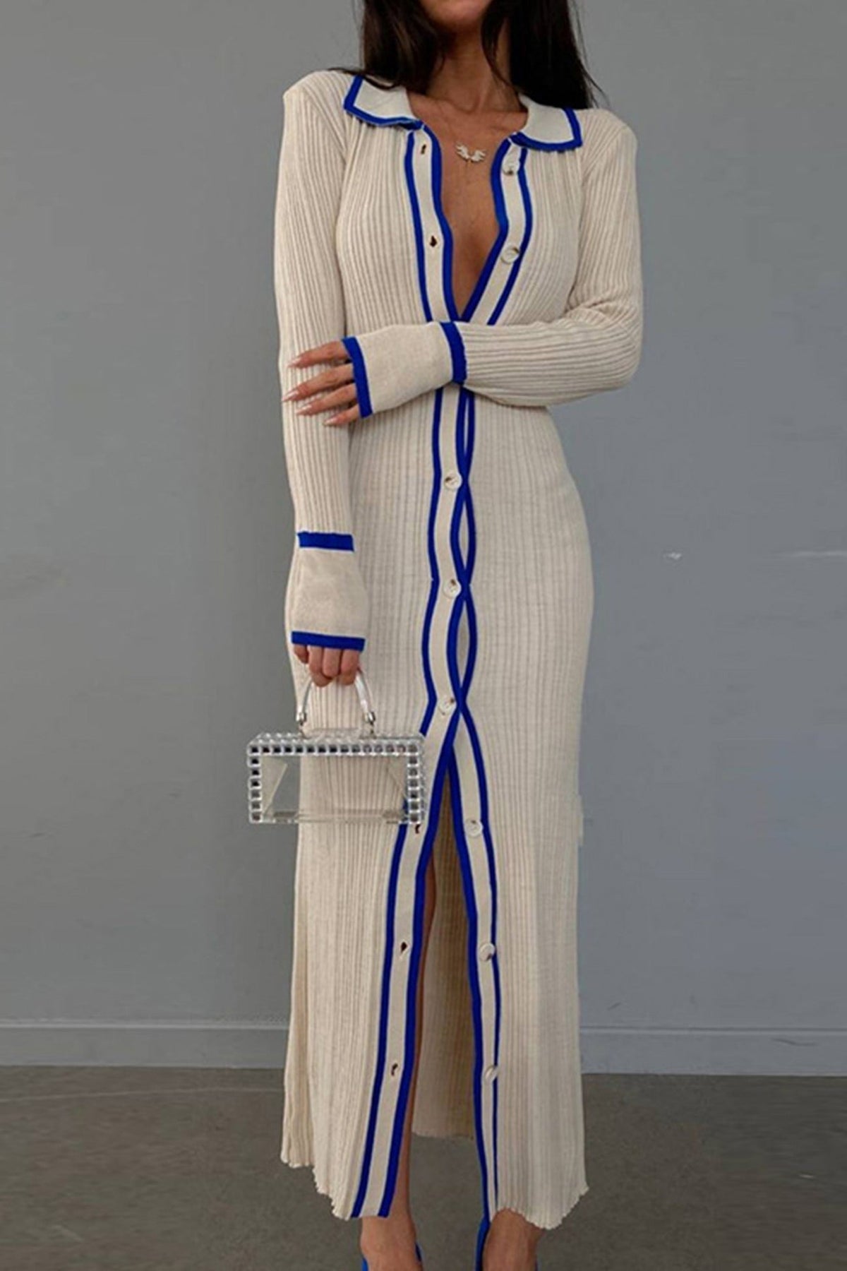 Ribbed Lapel-Collar Contrast-Detail Dress with a Single-Breasted Front