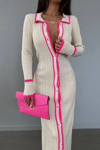 Ribbed Lapel-Collar Contrast-Detail Dress with a Single-Breasted Front