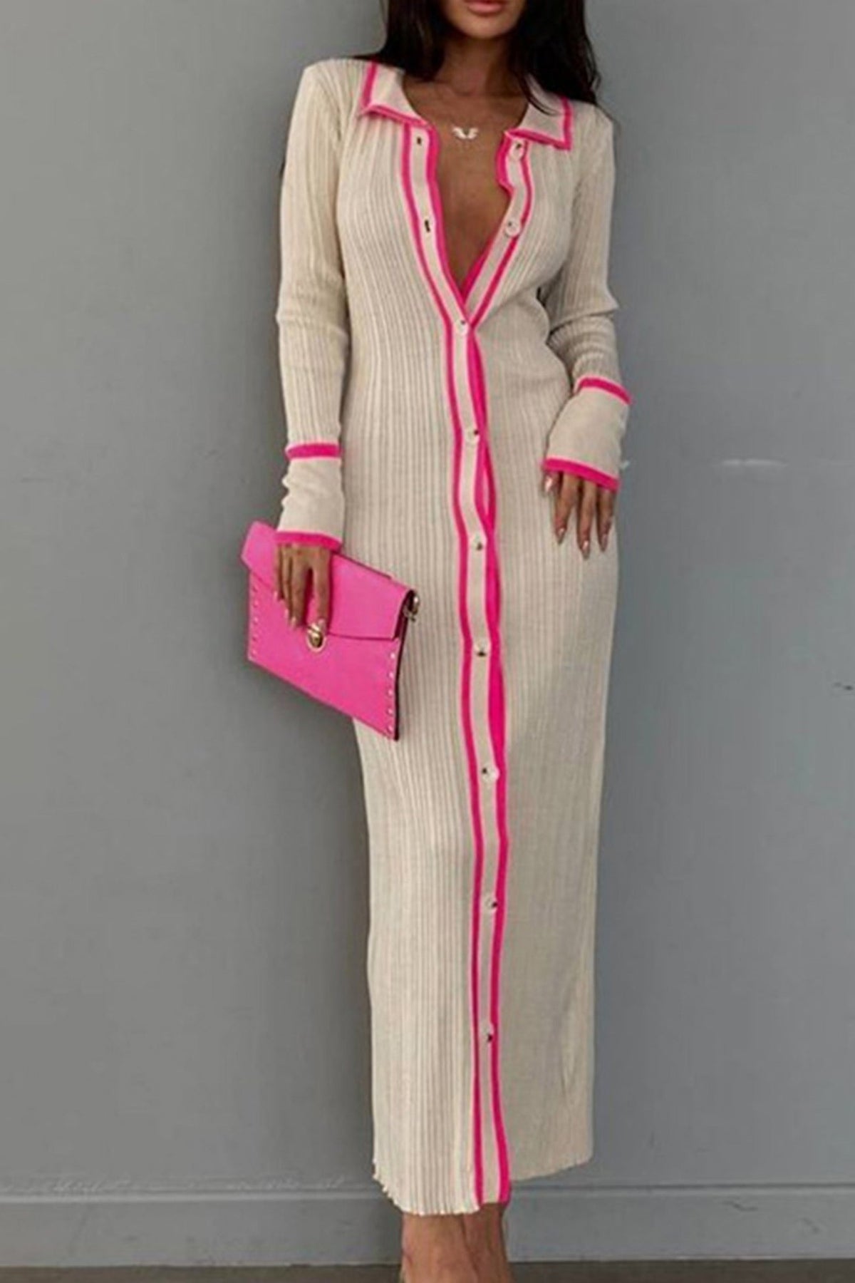 Ribbed Lapel-Collar Contrast-Detail Dress with a Single-Breasted Front