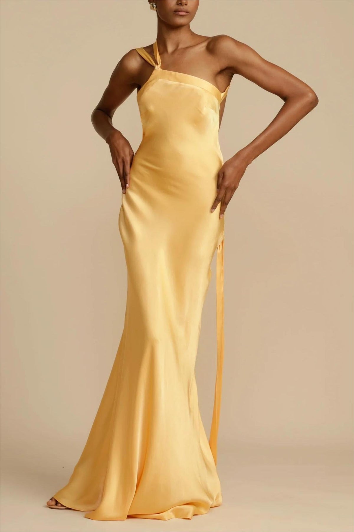 Satin Strappy Asymmetric Maxi Dress with an Open Back