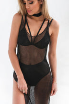 Mesh Slit-Detail Tank Dress with a Round Neck