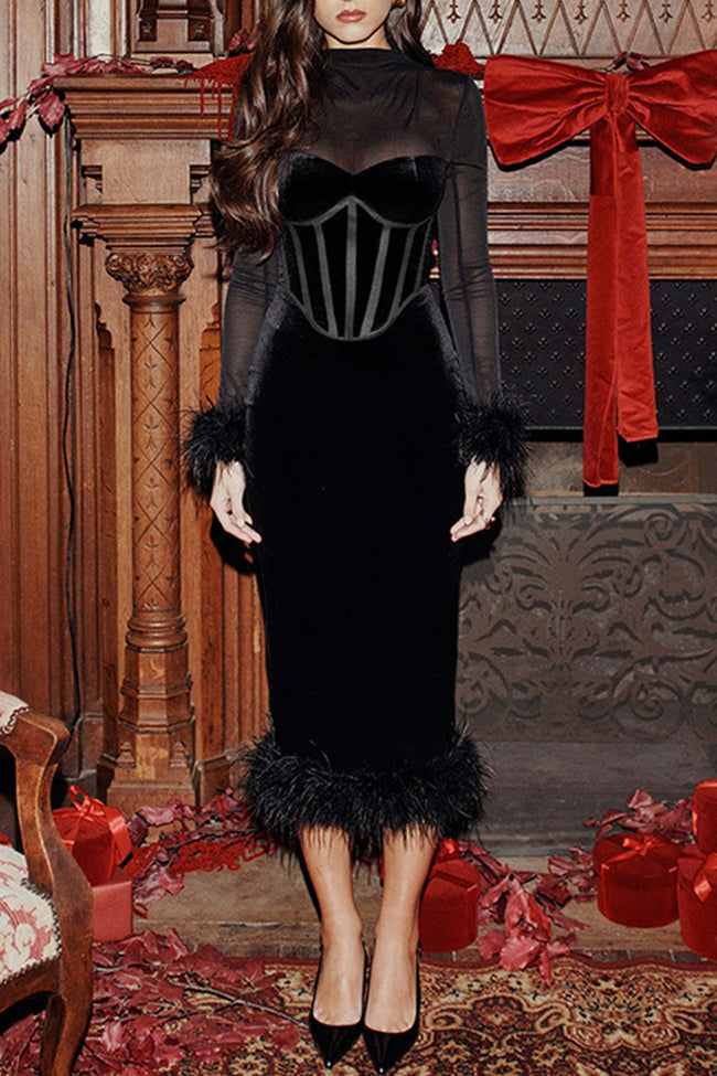 Velvet Mesh Slit-Detail Dress with Panel Details Main image
