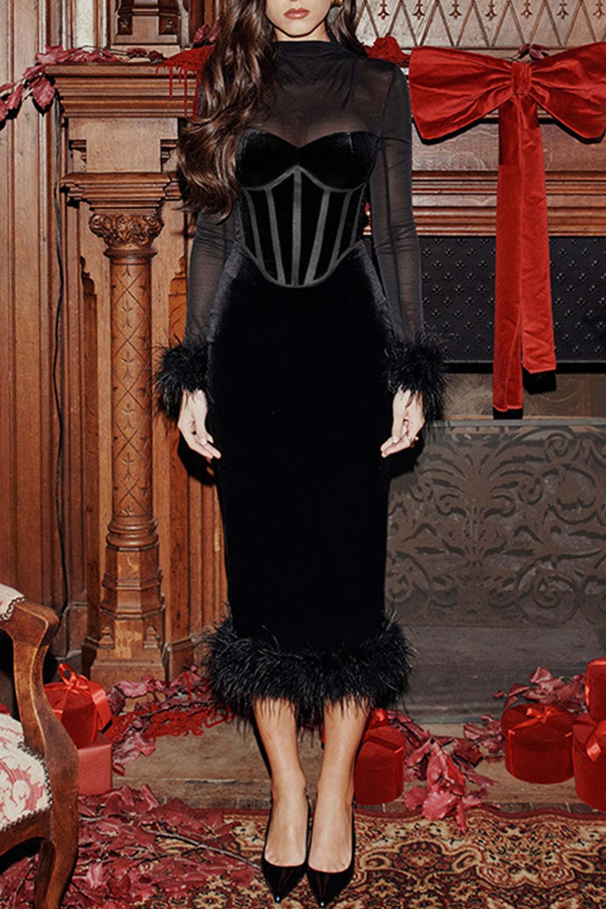 Velvet Mesh Slit-Detail Dress with Panel Details