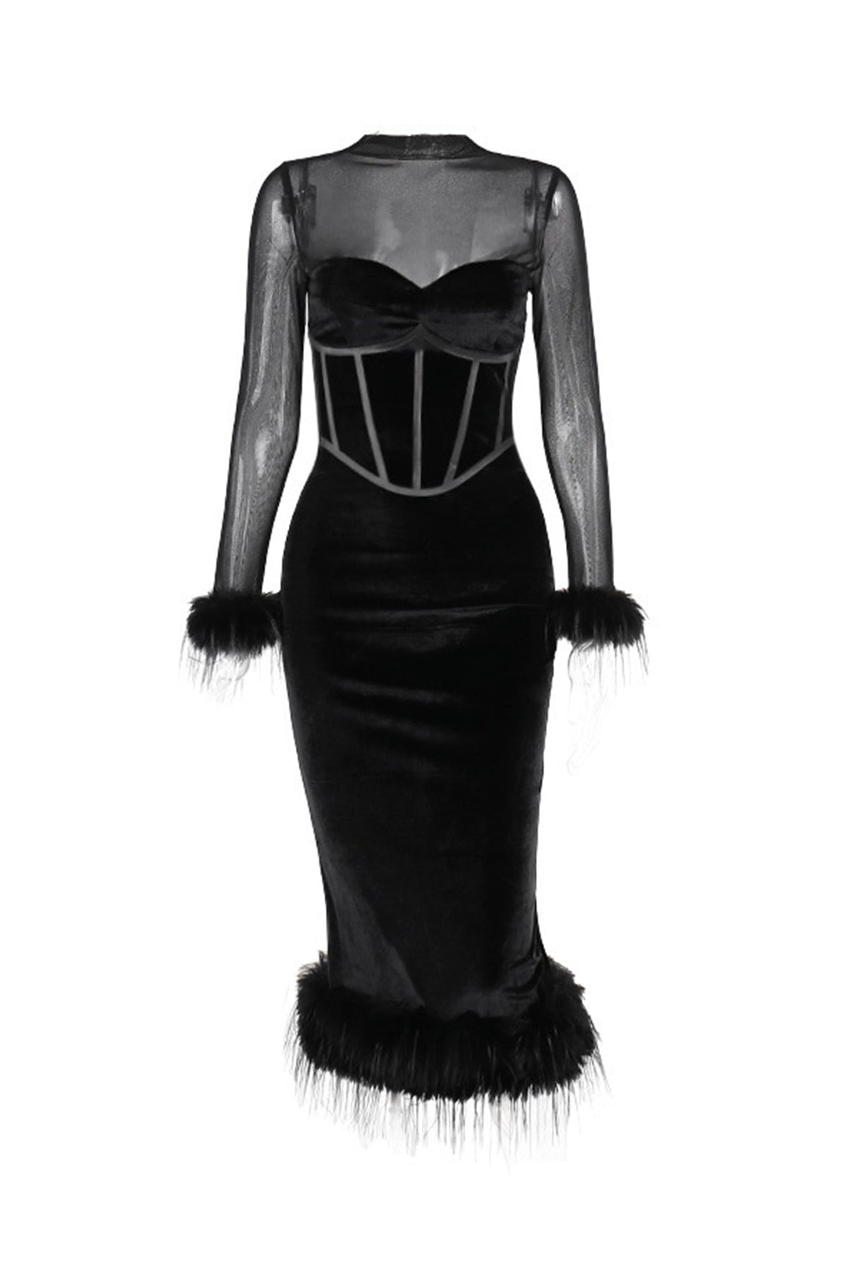 Velvet Mesh Slit-Detail Dress with Panel Details