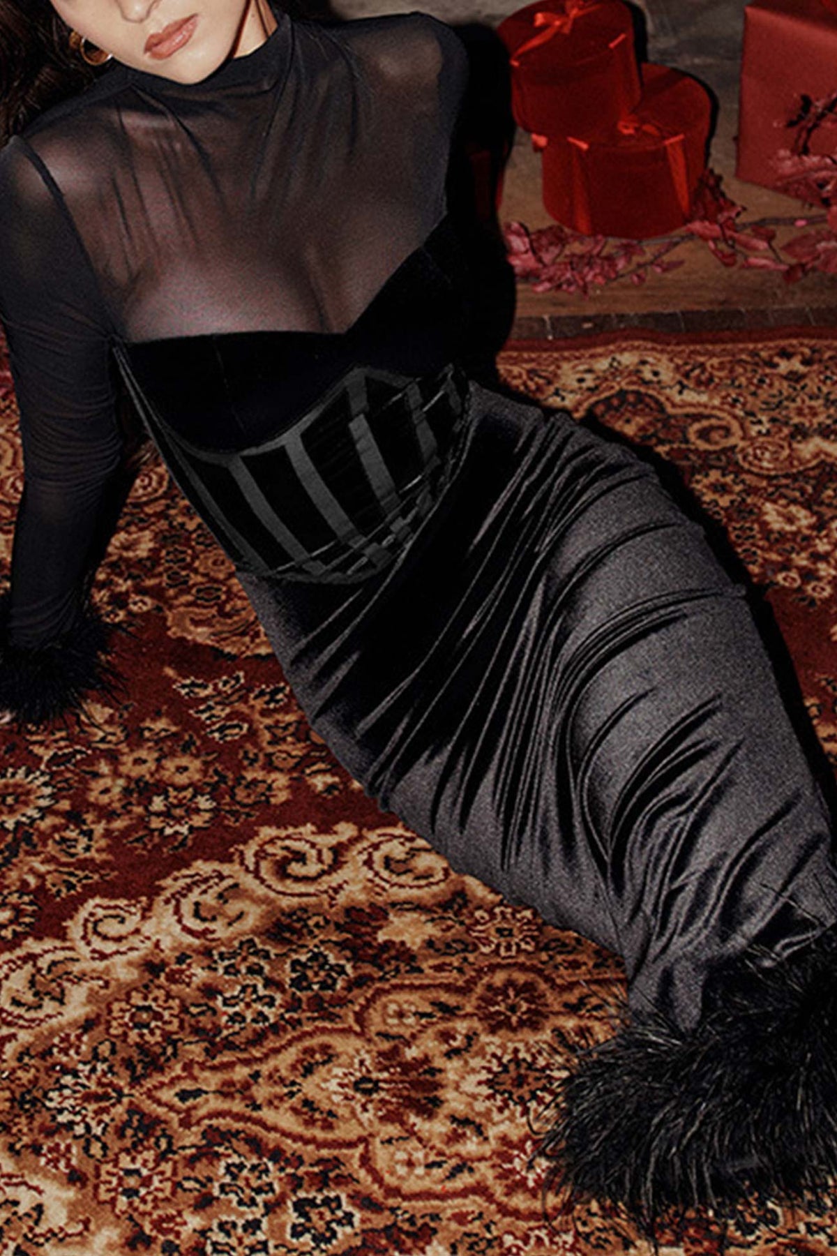 Velvet Mesh Slit-Detail Dress with Panel Details