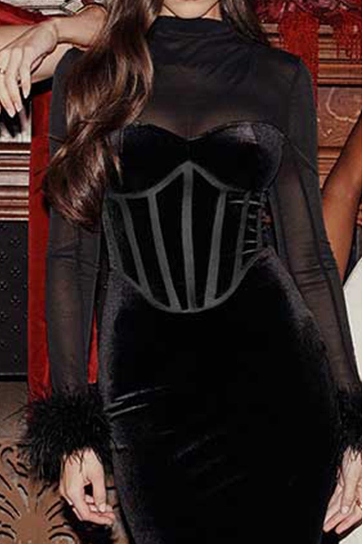 Velvet Mesh Slit-Detail Dress with Panel Details