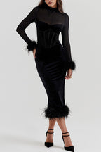 Velvet Mesh Slit-Detail Dress with Panel Details