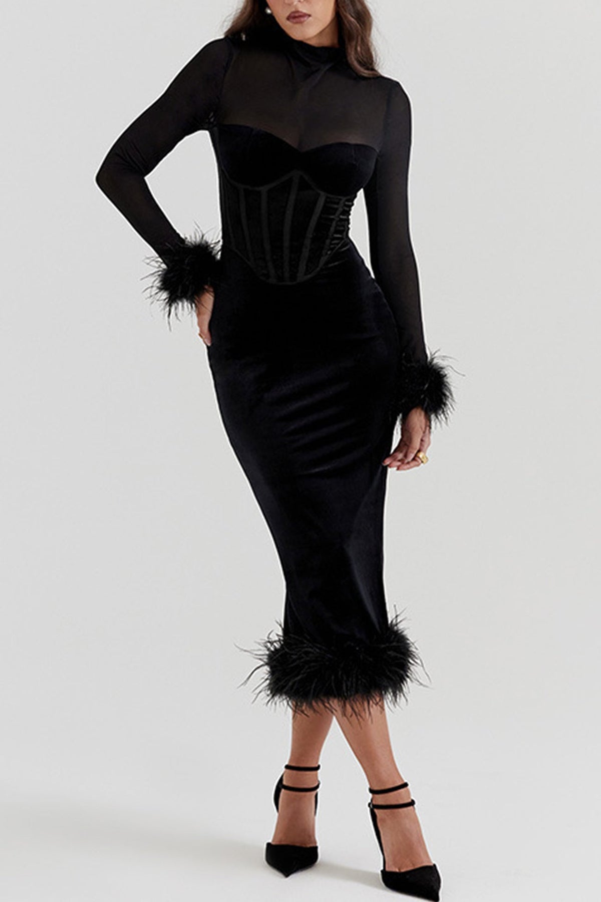 Velvet Mesh Slit-Detail Dress with Panel Details