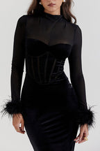 Velvet Mesh Slit-Detail Dress with Panel Details