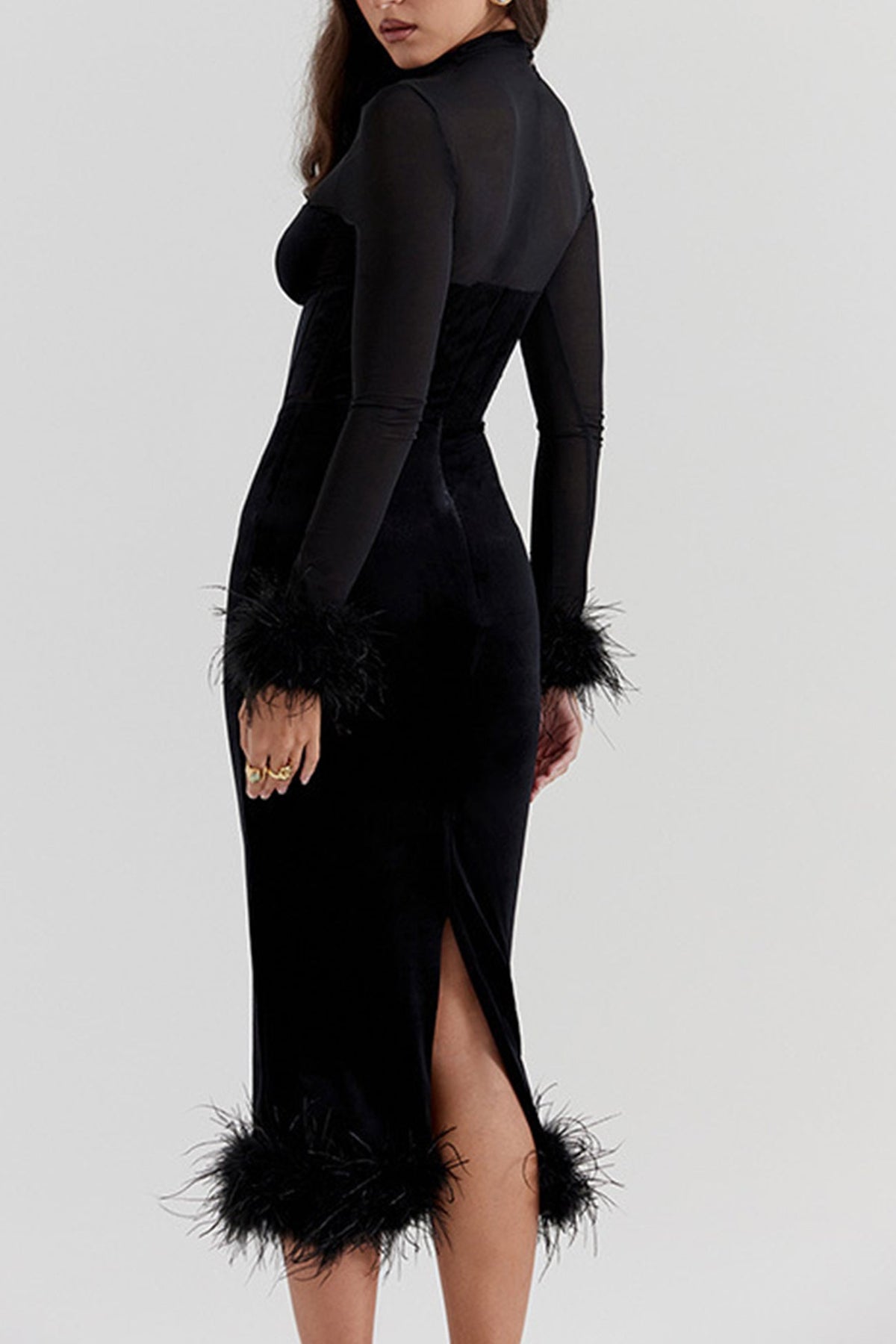 Velvet Mesh Slit-Detail Dress with Panel Details