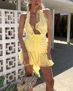 Halterneck Ruffled Short-Sleeve Dress