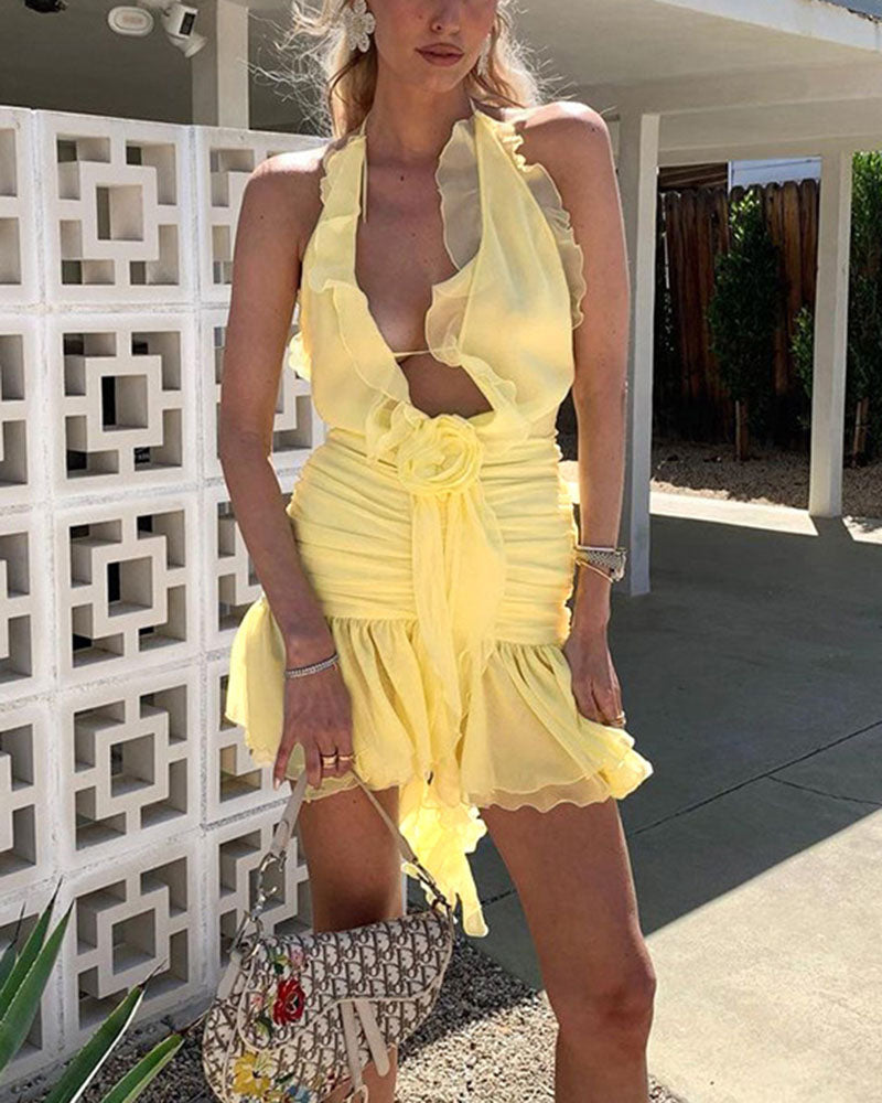 Halterneck Ruffled Short-Sleeve Dress