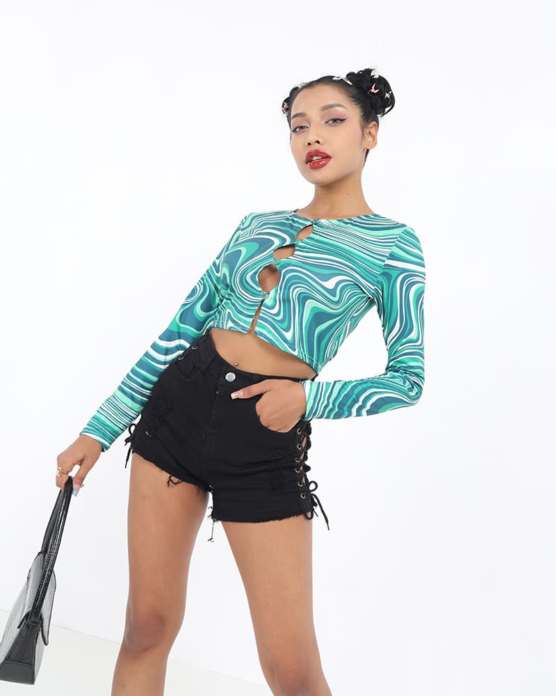Printed Cropped Crop Top with a Boat Neck