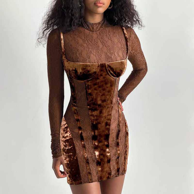 High-Neck Fitted Long-Sleeve Dress with Lace Details