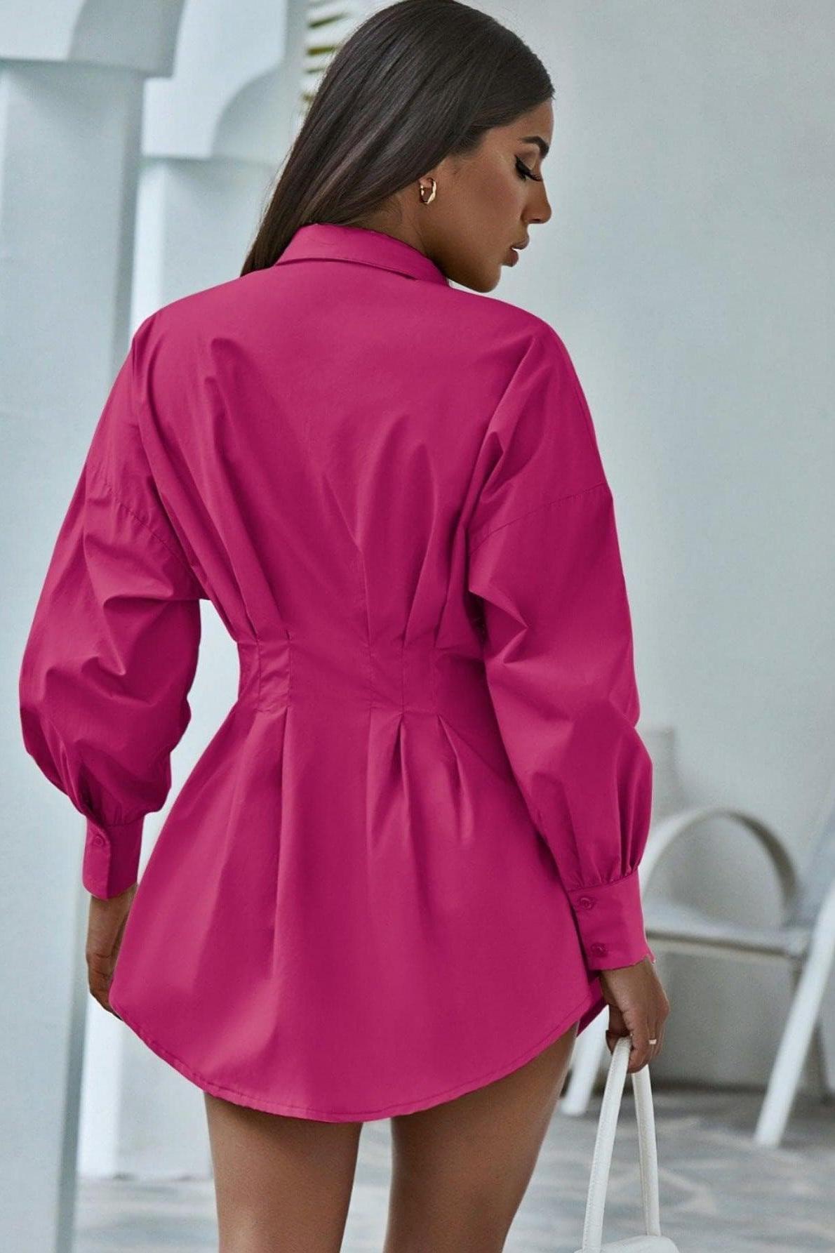 Red Pleated Shirt Dress with Drawstring Detail