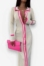 Fitted Lapel-Collar Long Dress
