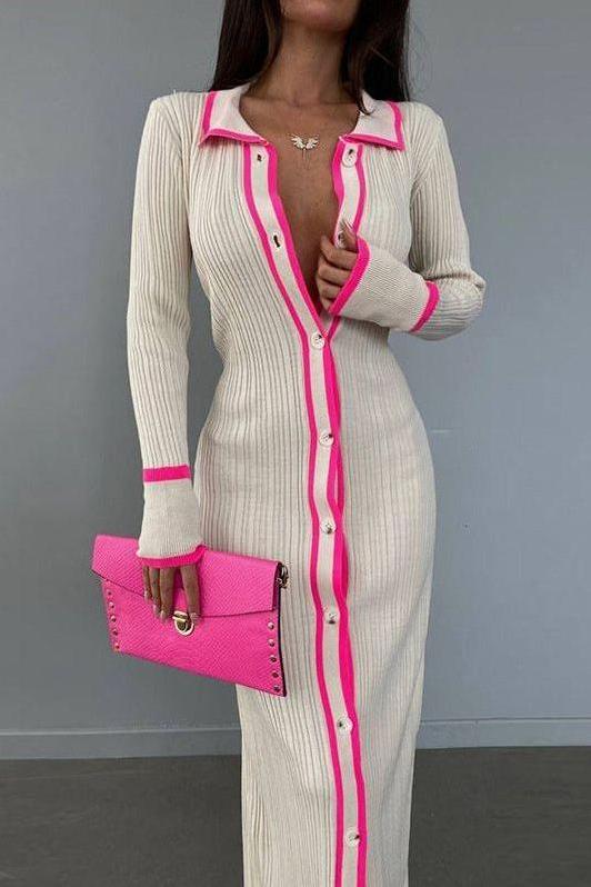 Fitted Lapel-Collar Long Dress