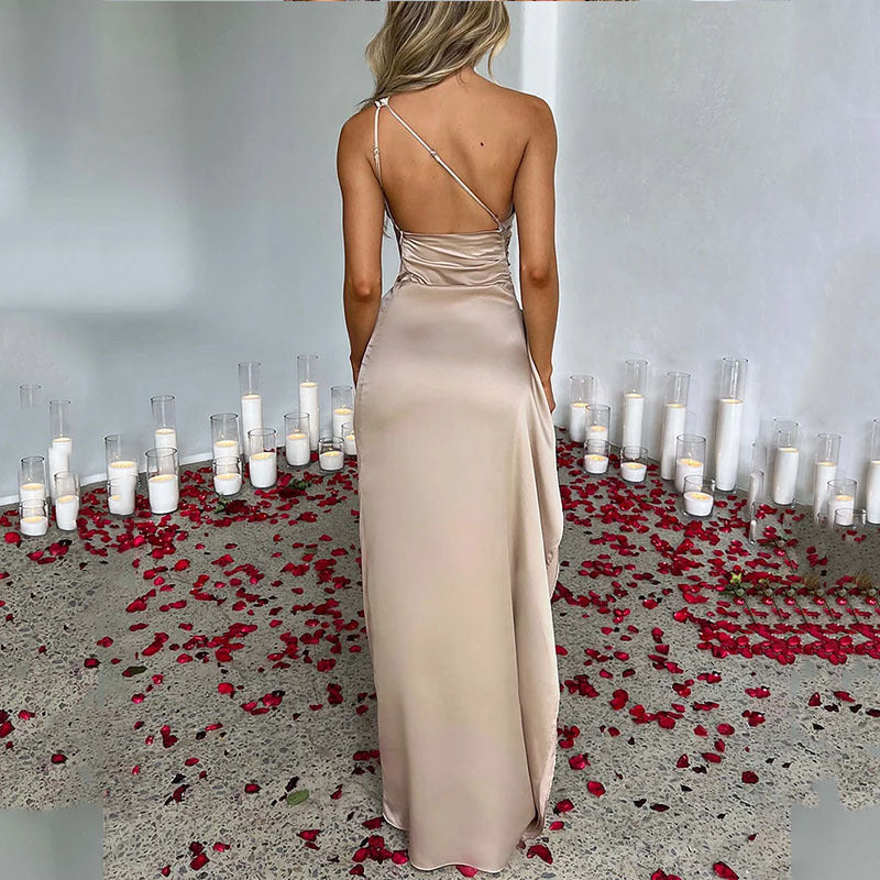 Open-Back Sleeveless Maxi Dress with a One-Shoulder Cut