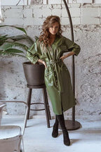 Faux-Leather Button-Detail Long Dress