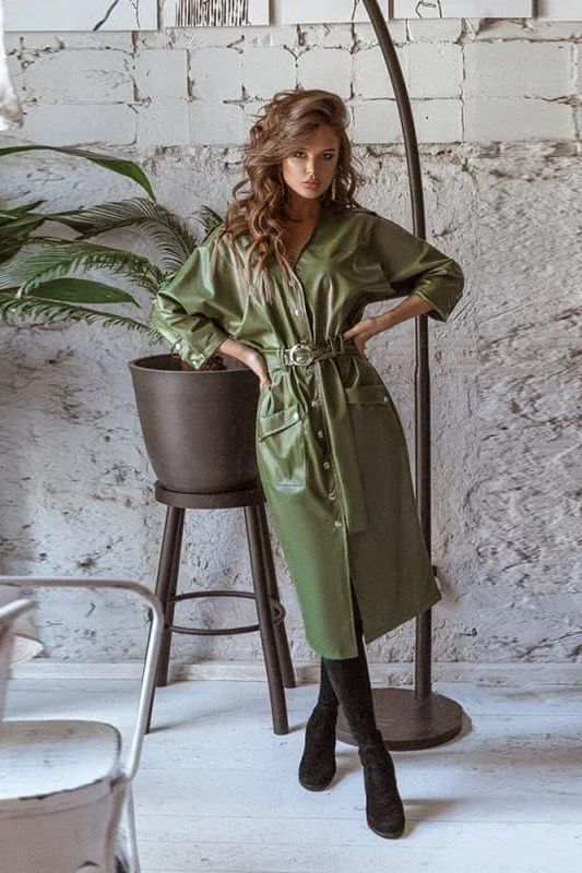 Faux-Leather Button-Detail Long Dress