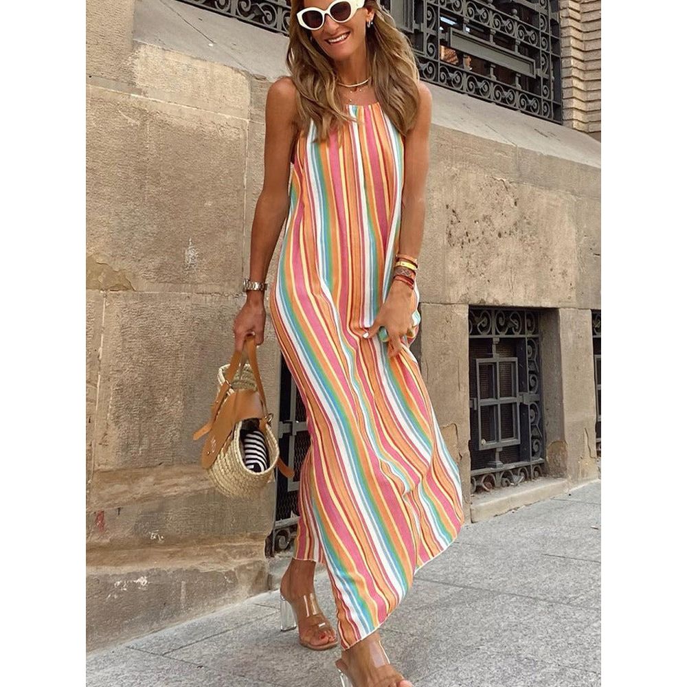 Striped Strappy Boho Long Dress