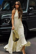 Crewneck Sleeveless Dress with Pleat Details