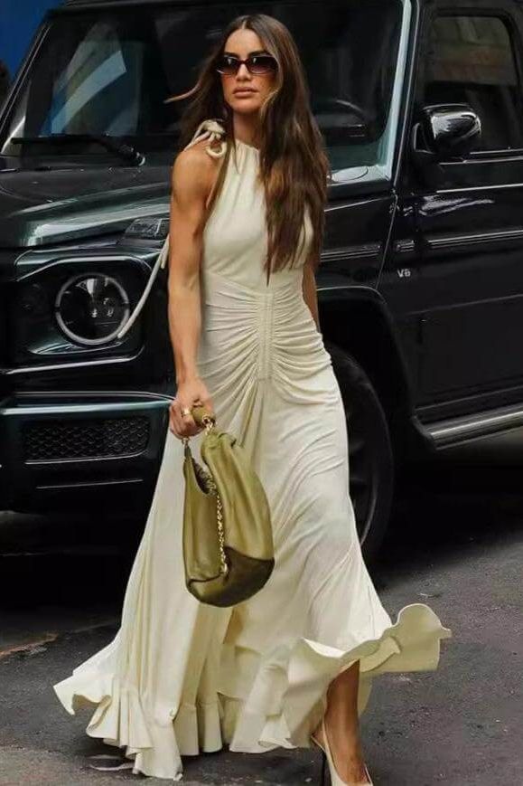 Crewneck Sleeveless Dress with Pleat Details