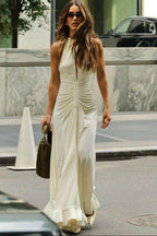 Crewneck Sleeveless Dress with Pleat Details